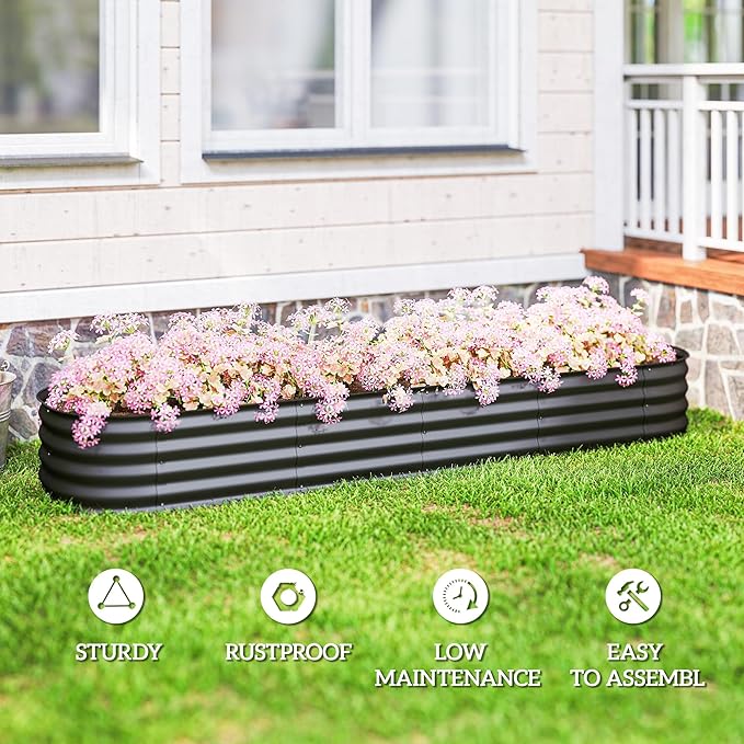 Outsunny 8' x 2' x 1' Galvanized Raised Garden Bed Kit, Outdoor Metal Elevated Planter Box with Safety Edging, Easy DIY Stock Tank for Growing Flowers, Herbs & Vegetables, Dark Gray