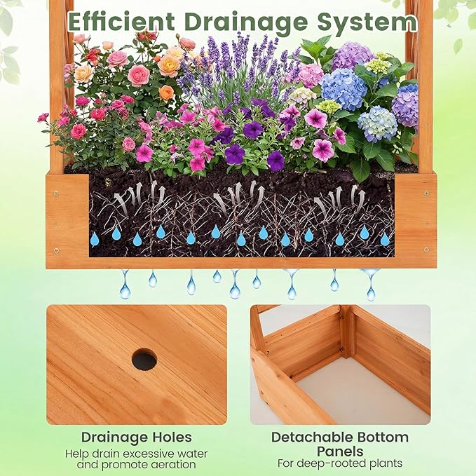 Raised Garden Bed with Trellis, Wood Planter Box w/Trellis, Hanging Roof, Drainage Holes, Freestanding Planter Raised Bed for Outdoor Climbing Plants Flowers, Patio Yard Balcony (1, Orange)