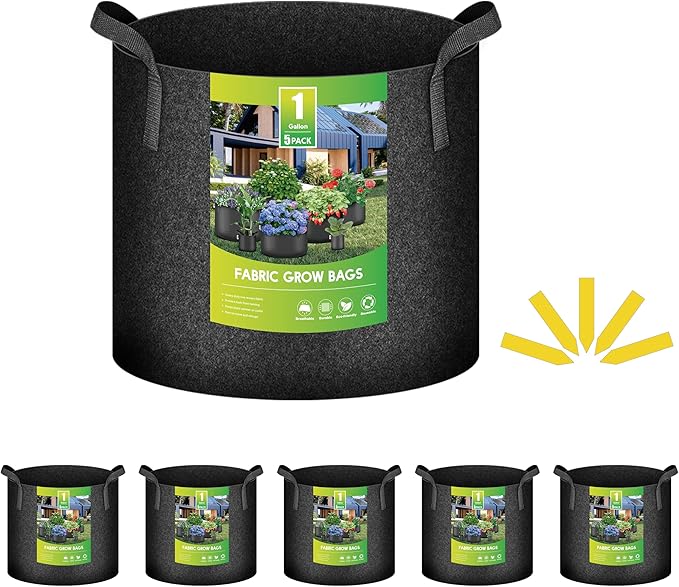 iPower 5-Pack 1 Gallon Plant Grow Bags Thickened Nonwoven Aeration Fabric Pots Heavy Duty Durable Container, Strap Handles for Garden, Black