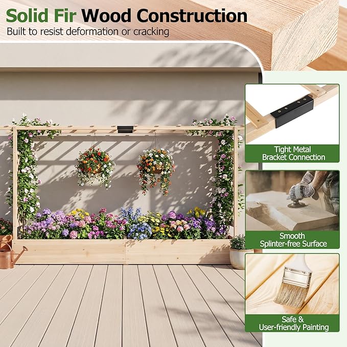 HAPPYGRILL Raised Garden Bed with Trellis, 2 Freestanding 45" Wood Planter Box w/Hanging Roof & 8 Drainage Holes for Vine Climbing Plants Flowers, Outdoor Wood Elevated Garden Bed for Patio Yard