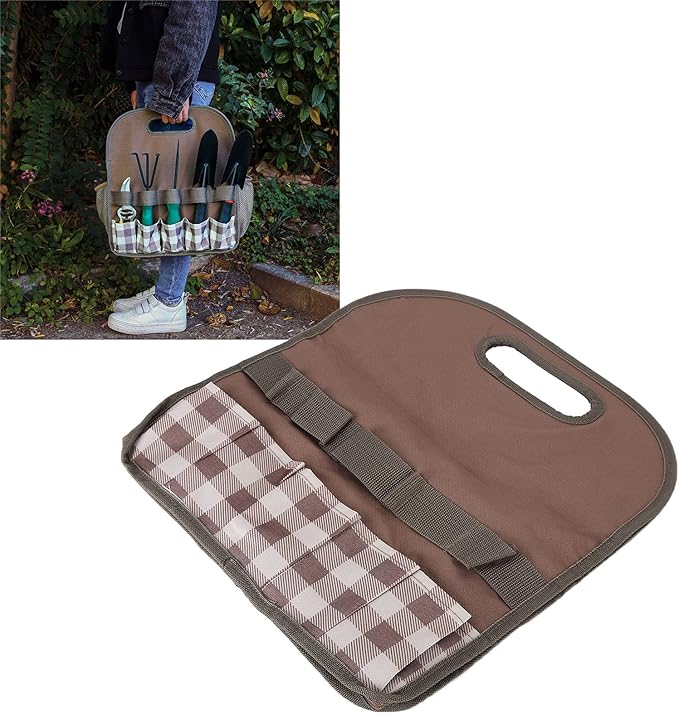 L Garden Tool, Portable Multifunction Tool Handbag, Ox Cloth with 5 Slots and Mesh s, for Gardening Woodw Household Sto (Coffee Grid)