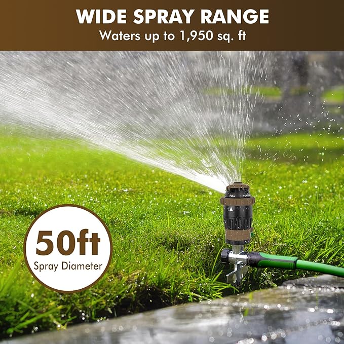 [2 Pack] RESTMO Gear Drive Sprinkler with Metal Spike Base, 5-Pattern Heavy Duty Gardening Watering System, Multi-Adjustable Lawn Sprinkle for Garden Plant, Flower Bed and Large Yard Area, Brown