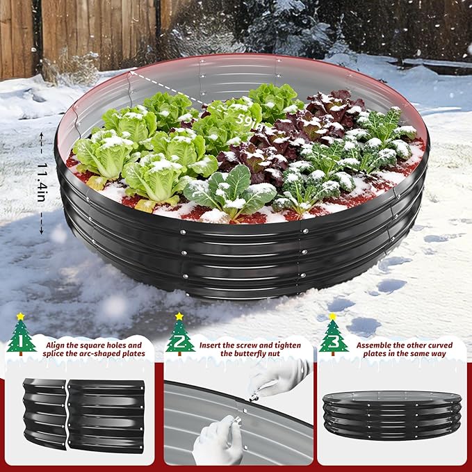 12 Inch Tall Heavy-Duty Round Steel Rised Garden Bed – Wave-Shaped Design Galvanized Metal Planter Box for Vegetables Flowers Succulent at Patio/Garden Outdoor (Black, 60" Diameter)