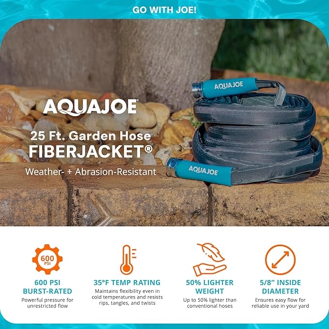 Aqua Joe AJFJH25-58-PRO FiberJacket Non-Expanding Kink-Free Garden, RV, Marine and Camper Hose, Ultra-Lightweight, Drinking Water Safe, ft, 25-Foot x 5/8-Inch