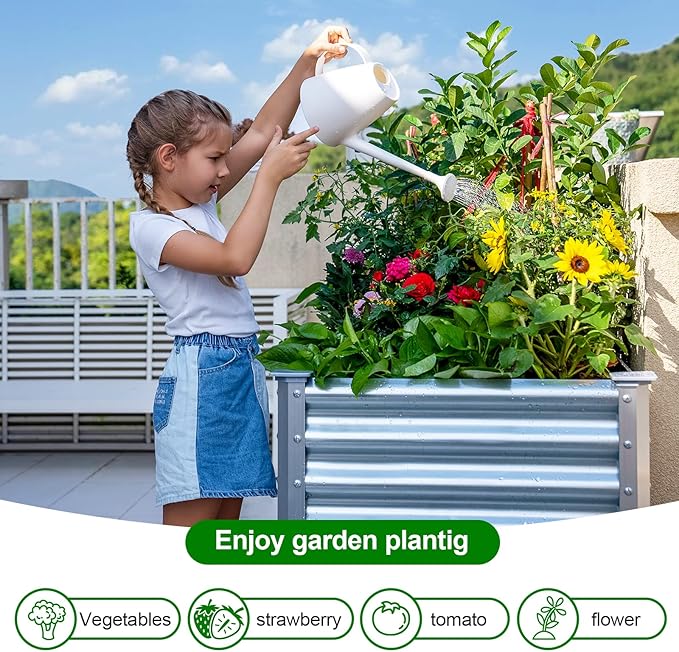 Land Guard Galvanized Raised Garden Bed with Legs, 48×24×32in Large Metal Elevated Raised Planter Box with Drainage Holes for Backyard, Patio, Balcony, 700lb Capacity