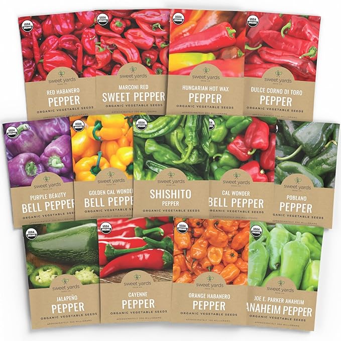 Organic Pepper Seeds (Sweet and Hot) Variety Pack - 13 Individual Packs - 2026 Season - Cayenne, Orange Habanero, Shishito and More! for Indoor & Outdoor Planting (Non-GMO, Certified Organic)