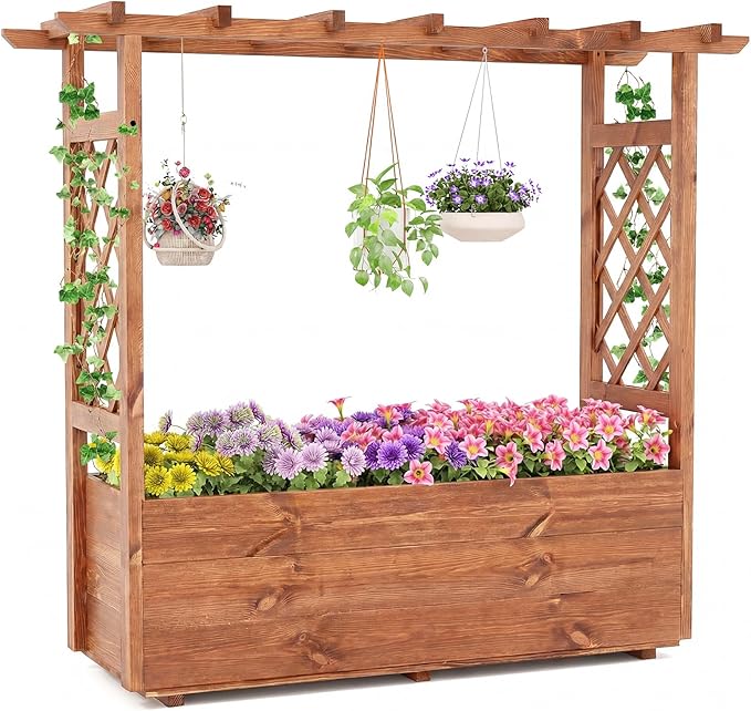Giantex Raised Garden Bed with Sided Trellis & Roof, 45”x16”x41” Wood Elevated Planter Box, Freestanding Garden Planter Raised Bed for Flowers Herbs Climbing Vines,Brown,1