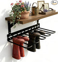 Decoroca Wall Mount Boot Rack, Garden Tool Organizer With 5 Curved Hooks & Wood Shelf, Heavy Duty Wader Boot Hangers Organizer Rack Trays for Outdoor/Indoor, Garden, Garage (2 Pack)