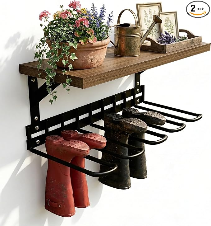 Decoroca Wall Mount Boot Rack, Garden Tool Organizer With 5 Curved Hooks & Wood Shelf, Heavy Duty Wader Boot Hangers Organizer Rack Trays for Outdoor/Indoor, Garden, Garage (2 Pack)