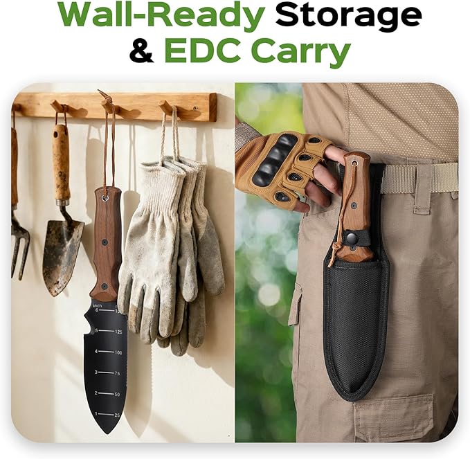 Hori Hori Garden Knife, Garden Tools Trowel with EDC Sheath, Gardening Tools for Weeding Digging Planting with 7" Stainless Steel Blade,Dual-Scale Measurement,Hanging Hole, Gifts for Women Mom Men Dad