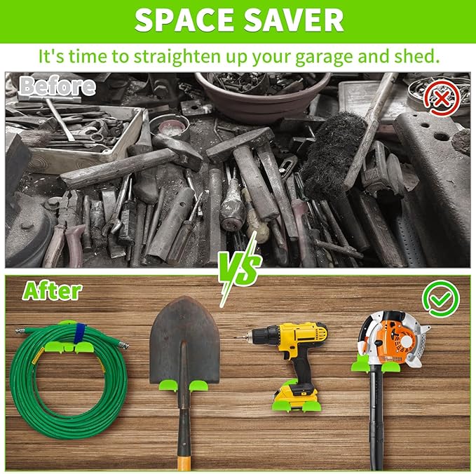 Upgraded Trimmer Rack Wall Mount - 8" Heavy Duty Weed Eater Hanger for Garage Wall, Garden Power Tool Holder Organizer Hooks for Grass Trimmer, Hedge Trimmer, Leaf Blower and Chainsaw, Green, 4 Pack