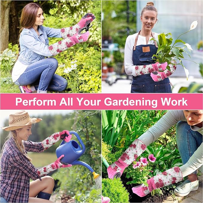 DLY Gardening Gloves, Garden Gloves for Women, long gardening gloves for Garden Work and Yard,Durable and Comfortable(Medium, Rose Red)