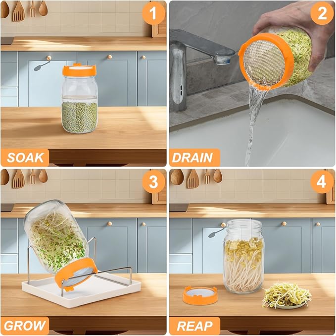 Lulonpon Sprouting Lids Growing Kit, Screen Sprout Lids with Stand, Sprouting jar kit for Sprouting, Sprouting Bean Seeds, Sprouting Kit