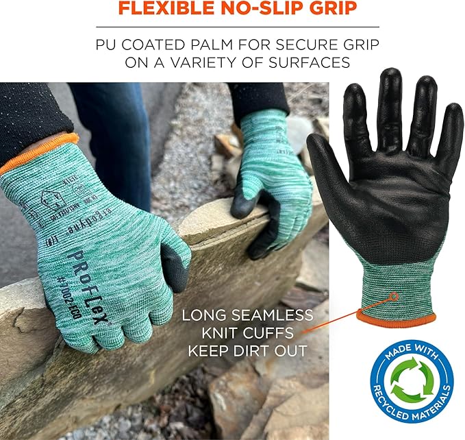 Ergodyne ProFlex 7002-ECO Work Glove, Recycled PU Coated Palms Gloves, Post Consumer Materials, 15 gauge, 12-Pack