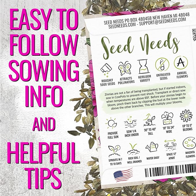 Seed Needs Zinnia Seeds Purple Prince Variety Fast Blooming | 5,000+ Heirloom & Open Pollinated Seeds | Annual Cut Flowers Large Blooming | Bulk