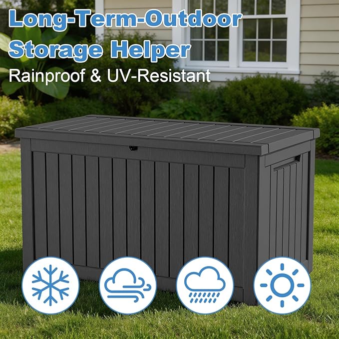 Outdoor Waterproof Resin Storage Deck Box Lockable Outside Bench UV Resistant Bin Patio Porch Furniture Pool Float Garden Tool Cushion (Black, 280 Gallon)