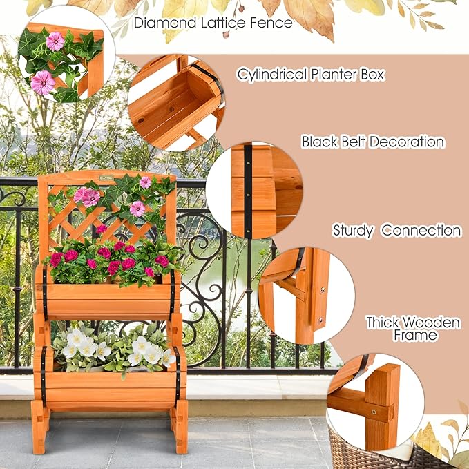 Giantex Raised Garden Bed with 2 Barrel Planters & Trellis, 2-Tier Freestanding Wooden Raised Bed for Vegetable Flower Fruit, Indoor Outdoor Plant Box for Garden Yard Balcony