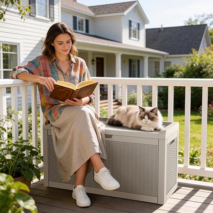 Mars Villa 60 Gallon Deck Box with Seat, Resin Outdoor Storage Box Waterproof, Lockable Lid, Weatherproof and UV Resistant, for Patio Furniture Cushions, Pool Supplies, Garden Tools, Greige
