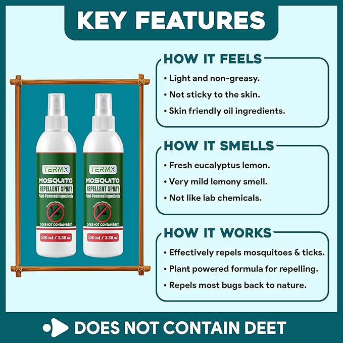 Natural Mosquito Repellent Spray TwinPack 6.75 oz DEET Free Insect Repellent Spray Lemon Eucalyptus Oil Scent for Mosquitoes Gnats Black Flies No-See-ums repelente de Mosquitos para ninos