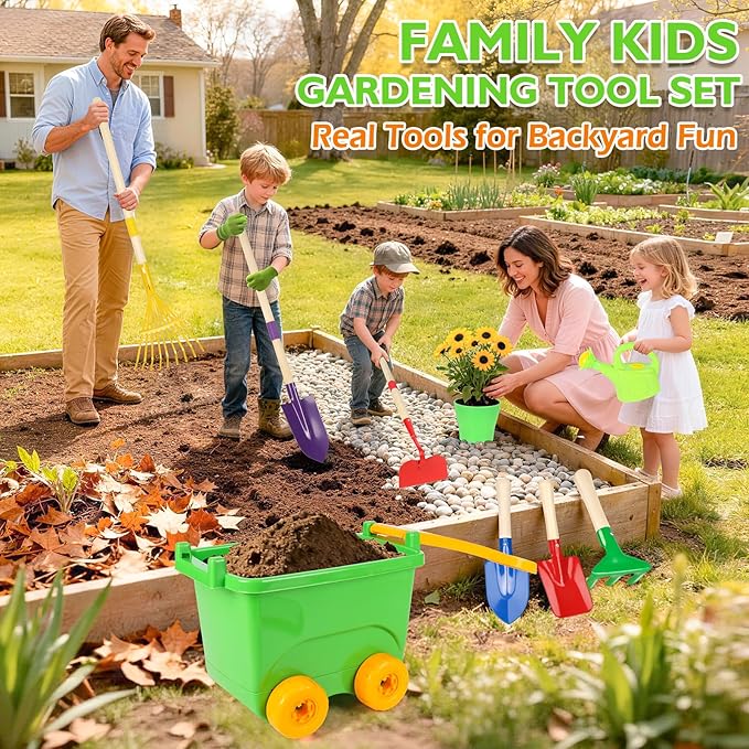 Kids Gardening Set, Outdoor Toys with Wheelbarrow and Kids Garden Tools, Toddler Gardening Set with Repotting mat, Gloves, Apron, Watering Can, Pretend Play Learning Toys for Kids Boys and Girls 3-8