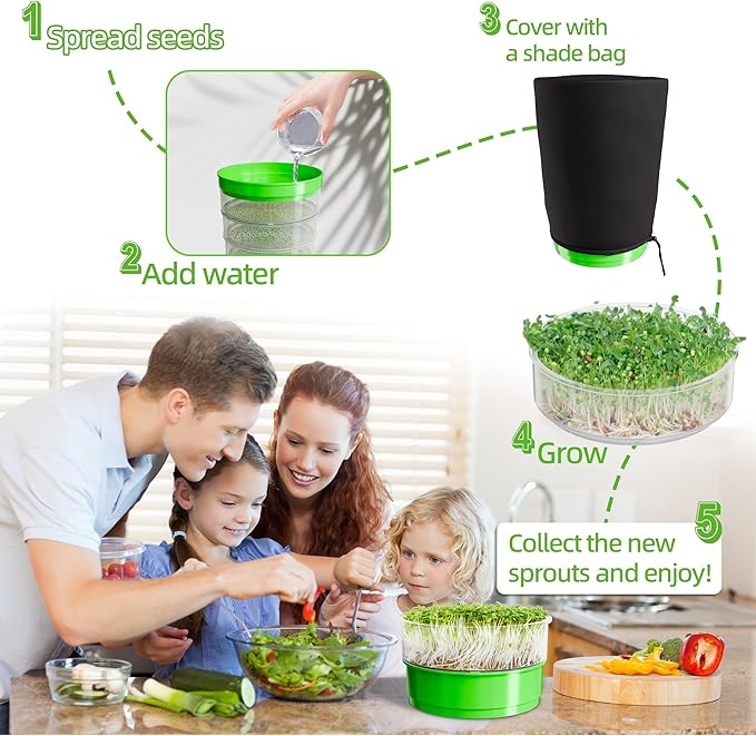 4-Tier Seed Sprouting Kit, Stackable Microgreens Growing Kit with Drain Trays and Blackout Sleeves, Green Soil-Free Seed Sprouter Tray for Growing Organic Mung Beans, Broccoli, Alfalfa