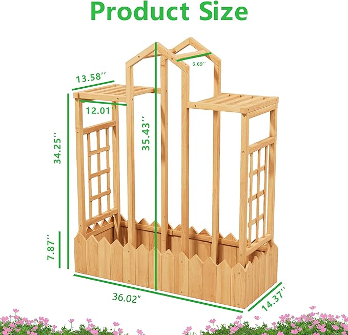 Raised Garden Beds with Arch Trellis Outdoor, Wooden Planter Boxes with Hanging Roof, Side Trellis Patio Wooden Flower Pots for Vines Climbing Vegetables Plants(Wood5)