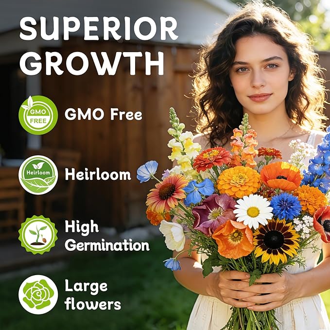 LUOJIBIE Wildflower Seeds Bulk, 20,000+ Flowers Seeds for Planting Outdoor, 16 Varieties Annual & Perennial Flowers Seeds Mix Color for Garden, 4 Oz Packet, Non-GMO, Attracts Pollinators, Easy to Grow
