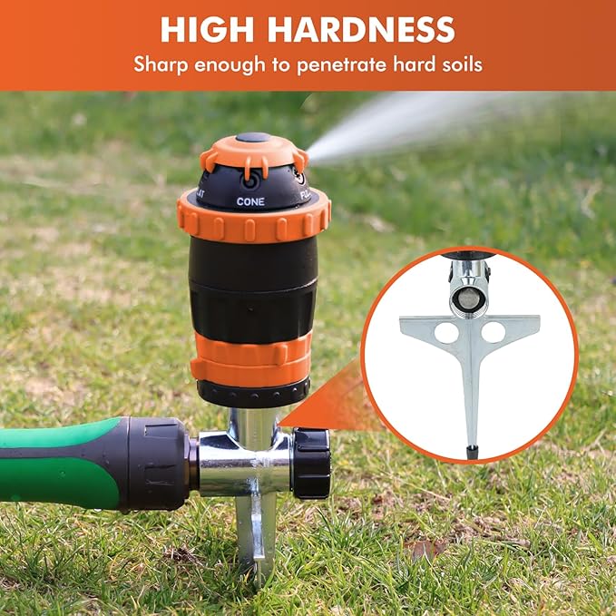 RESTMO Gear Drive Sprinkler with Metal Spike Base, 5-Pattern Heavy Duty Gardening Watering System, Multi-Adjustable Lawn Sprinkle for Garden Plant, Flower Bed and Large Yard Area Watering, Orange