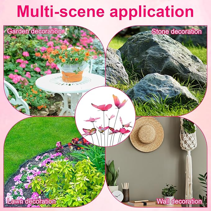 12pcs Decorative Butterfly Plant Stakes, 9.8in Lifelike Butterfly Garden Stakes PVC Waterproof Flower Pot Decorations for Garden Lawn Patio Indoor Outdoor Yard Planter Art Decor (Pink)