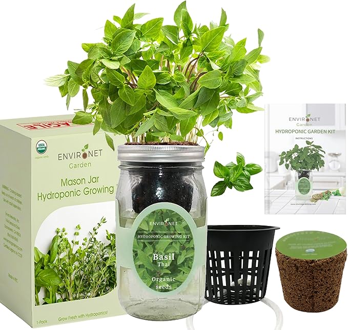 Hydroponic Herb Growing Kit, Self-Watering Mason Jar Herb Garden Starter Kit Indoor, Windowsill Herbs Garden, Grow Your Own Herbs from Organic Seeds (Thai Basil)
