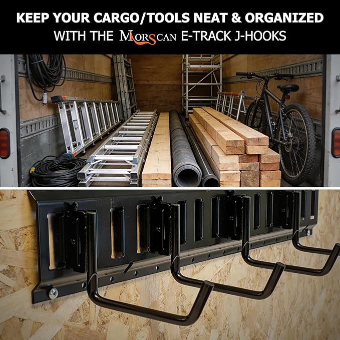 4-Pack 6" Heavy-Duty E-Track Extended Flat J Hooks with Extra Rubberized Dip-Coating - Ladder Tie-Down Hooks for Trucks, Trailers, Garages, Workshops