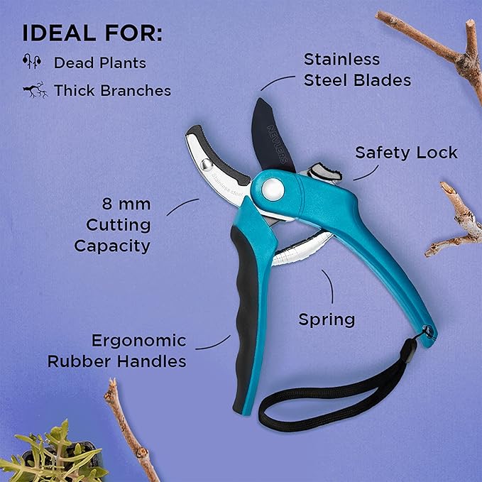 Nevlers 8" Blue Anvil Pruning Shears Heavy Duty | Hand Pruners for Gardening w/Steel Blades, Safety Lock & Ergonomic Handles | 8mm Cut Cap Plant Shears & Branch Cutter for Dead Stems & Small Branches