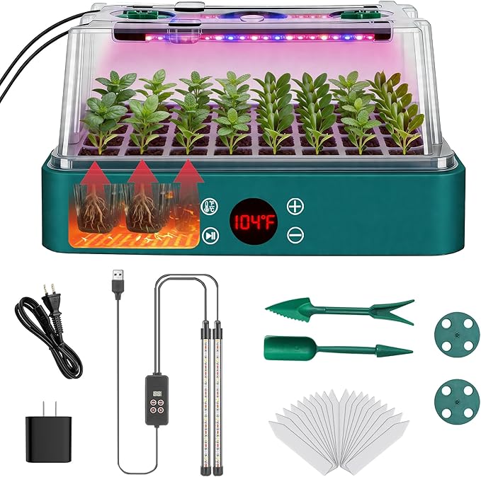 40-Cell Seed Starter Tray with Grow Light, Seedling Tray with Heating Mat Combo,4.3" Higher Lid、Gardening Seed Starter Kit , 1-24H Timer & Temp Control, Herbs, Vegetables,Indoor Plant Starter Kit
