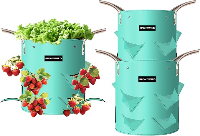 3 Pack 15 Gallon Strawberry Grow Bags, Heavy Duty Reusable PE Pots with Breathable Window, Branch & Drainage Holes, Reinforced Handles for Strawberries, Veggies, Flowers, Balcony/Patio Use