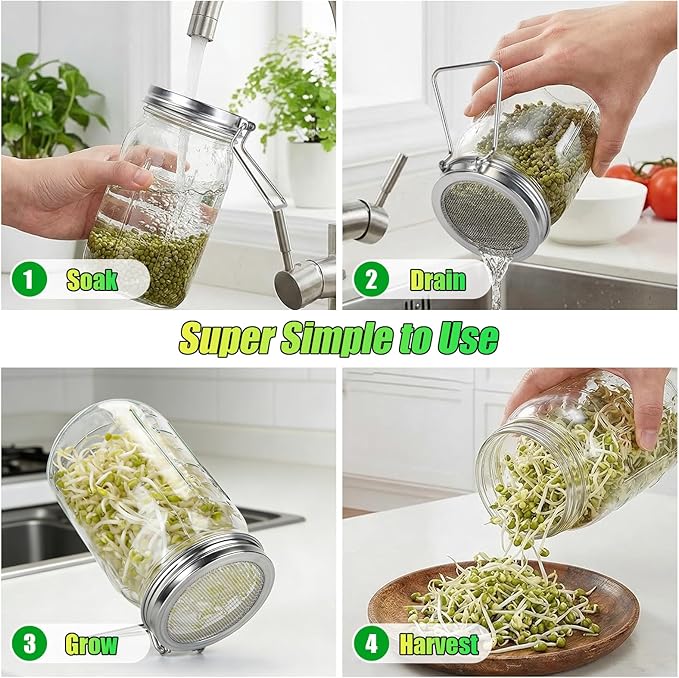 2 Pcs Sprouting Lids for Wide Mouth Mason Jars, Stainless Steel Reusable One-Piece Sprouting Jar Lids Kit with Built-In Stand, Seed Germination Sprouts Growing Kit for Organic Alfalfa & Mung Bean