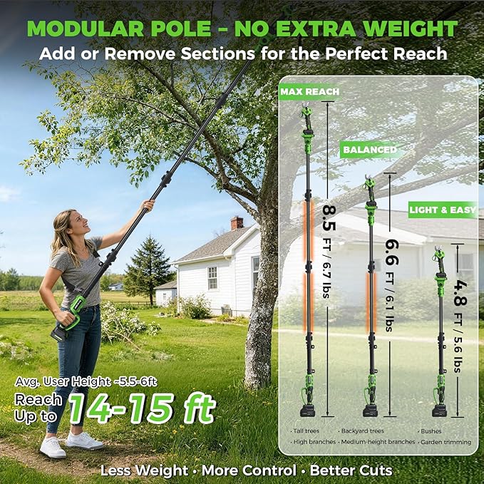2-in-1 Electric Pruning Shears Cordless Pole Pruner, Lightweight Extension Pole, 1.6" Cut, SK7 Blade, 2x4.0Ah Batteries, Brushless Motor & LCD, Battery Powered Tree Pruner for Garden Orchard