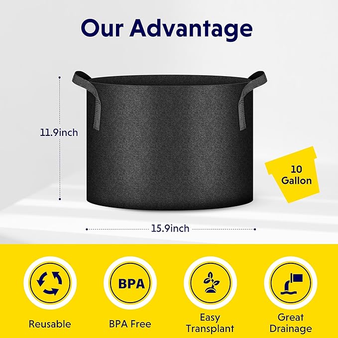 iPower 10 Gallon Grow Bags Nonwoven Fabric Pots Aeration Container with Strap Handles for Garden and Planting, 10-Pack Black New