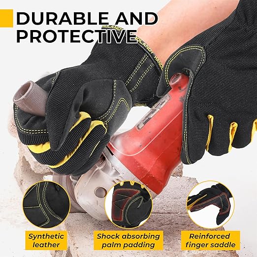HANDLANDY Work Gloves Mens & Women, Utility Safety Mechanic Working Gloves Touch Screen, Flexible Breathable Yard Work Gloves (2X-Large, Black-Yellwo)
