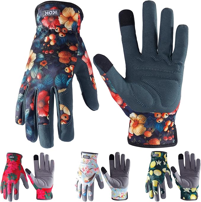 Gardening Gloves for Women, Flexible Breathable Garden Gloves, Leather Working Gloves for Weeding, Digging and Pruning (Flowers and Berries, Medium)