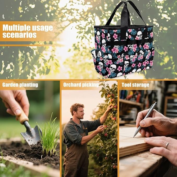 Skull Tropical Floral Garden Tool Bag Portable Gardening Tool Organizer Bag with 10 Pockets and Handle Tool Carrier and Storage for Garden Lawn Yard Casual Camp