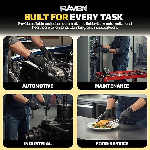 Raven Powder Free Nitrile Disposable Gloves | 7 Mil - Med | Latex Free, Chemical + Puncture Resistant, Textured Grip, Single Use | for Automotive, Industrial, Janitorial, MRO, Food Service | 66517