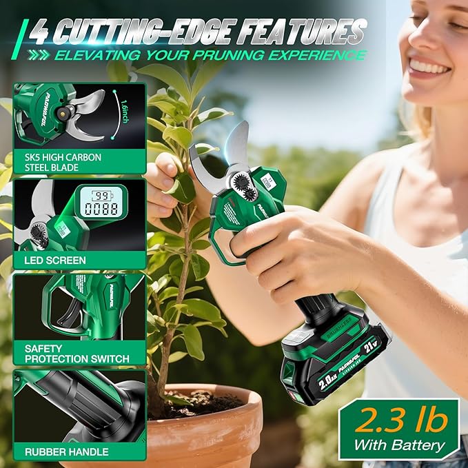 Electric Pruning Shears, 1.6 inch (41mm) Cutting Diameter Cordless Electric Scissors with LCD Display, 21V Brushless Motor Branch Cutter with 2 PCS Rechargeable 2000mAh Batteries & 2 Blades (Green)