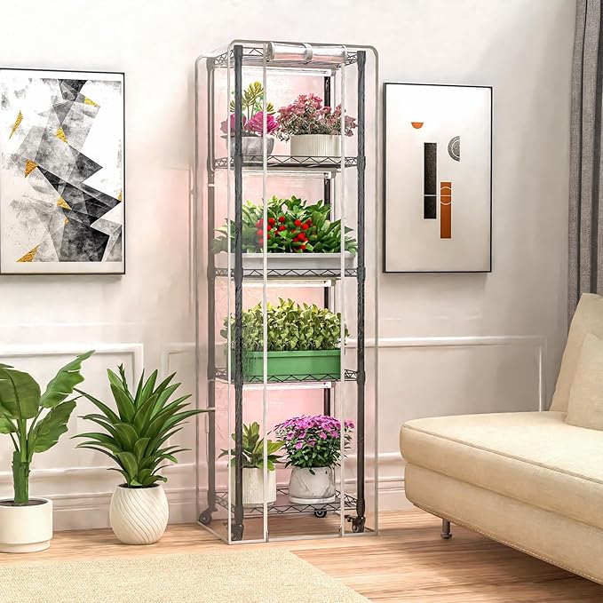 Indoor Greenhouse with Grow Lights,with 40W Full Spectrum Growing Lamps for Seed Starting , 5 Tier 15.7" L×11.8" W×62.3" H Mini Greenhouse，Grow Light Shelf with Tent and Thermometer