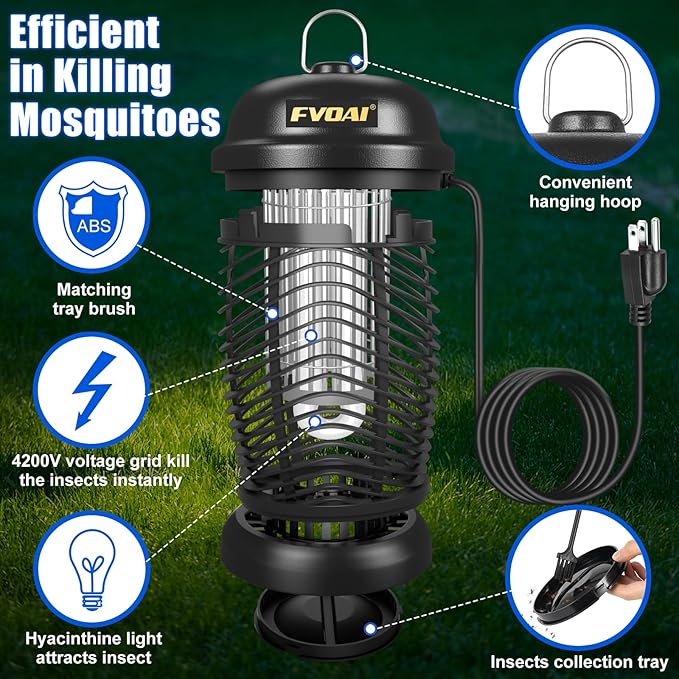Bug Zapper Outdoor, Mosquito Zapper, Fly Zapper, Insect Zapper Electric Fly Traps for 1/2 Acre, Indoor Outdoor Use with 3 Prong Plug-in,4200V, ABS Plastic Outer, Black