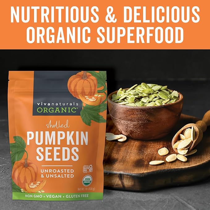 Viva Naturals Organic Pumpkin Seeds - Shelled, Unroasted & Unsalted Pumpkin Seeds Organic, Perfect for Salads, Trail Mix & Baked Goods - Good Source of Iron & Dietary Fiber - 1 lb (16 oz / 454 g)