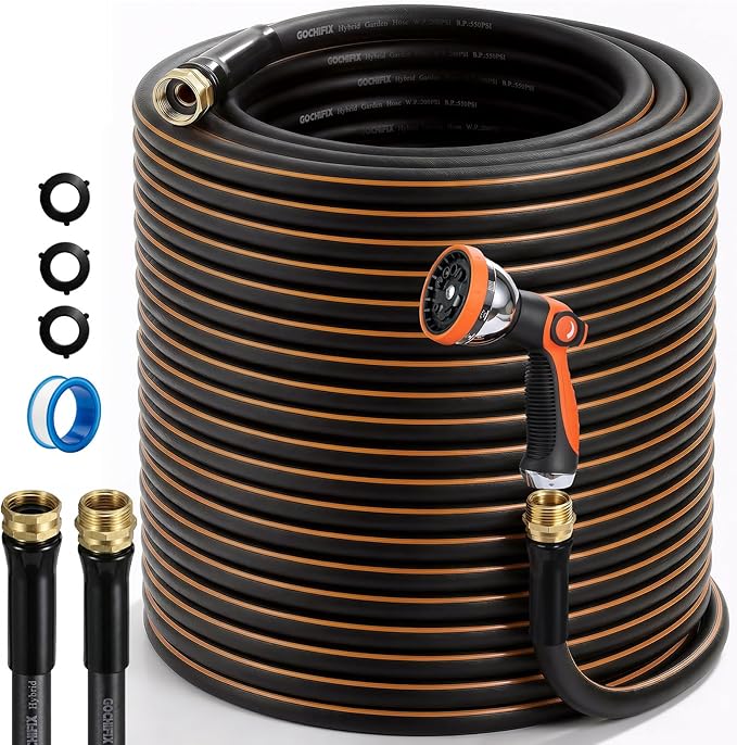 Garden Hose, 100ft 5/8" Heavy Duty Rubber Water Hose w/ 10-Mode Spray Nozzle, 550 PSI Burst, 360° Anti-Kink Swivel Connectors, All-Weather Flexible, Leakproof 3/4" Brass Male to Female Fittings