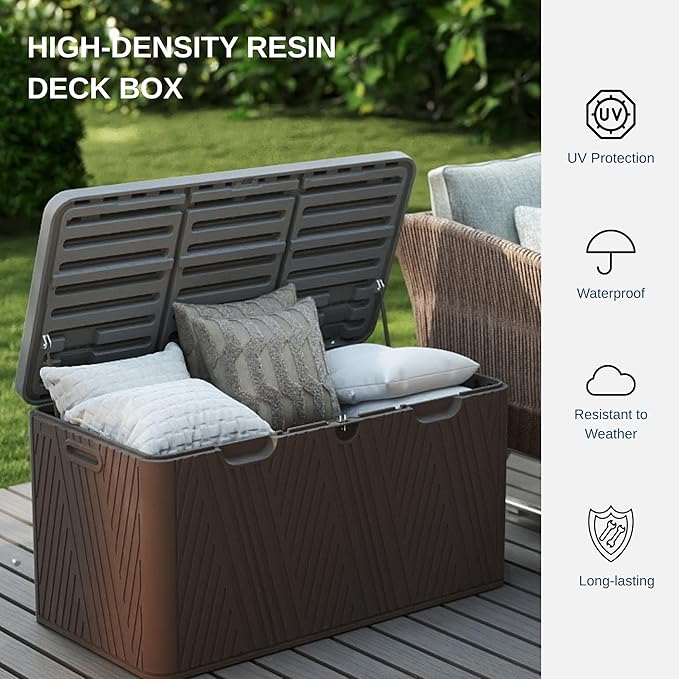 110 Gallon Outdoor Storage Box, Waterproof Patio Deck Box with Lockable Lid, Heavy-Duty HDPE Bench for Garden Tools, Cushions, Brown