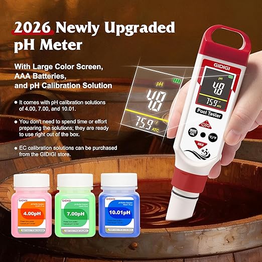 pH Chlorine Meter Digital 7 in 1, Pool ORP Salinity Meter Test pH CL Salt ORP EC TDS Temp, for Pools Aquariums Hydroponics Drinking Water Hot Tubs, Water Test Kit, with Calibration Solution
