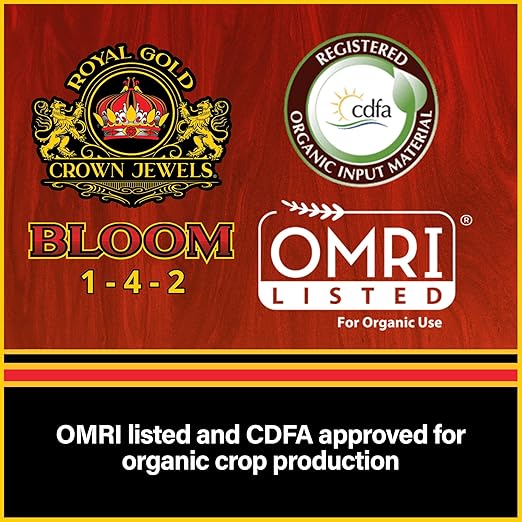 Royal Gold Crown Jewels Organic Bloom 1-4-2 Dry Soluble Fertilizer, 1 lb - for Feeding Flowering Crops to Produce Vigorous Blossoms and Optimal Plant Development