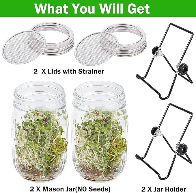 Sprouting Jar Kit, Wide Mouth Quart Mason Jars with Screen Sprout Lids & Stand, Seeds Germination Growing Kit, Seed Sprouter Set for Growing Organic Broccoli Alfalfa Mung Microgreens Bean, 2 Pack